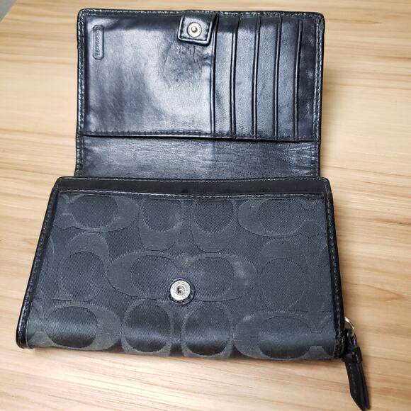 Coach Black Monogram Accordion Fold Wallet Retro Logo Multi Compartment Travel - Picture 3 of 6